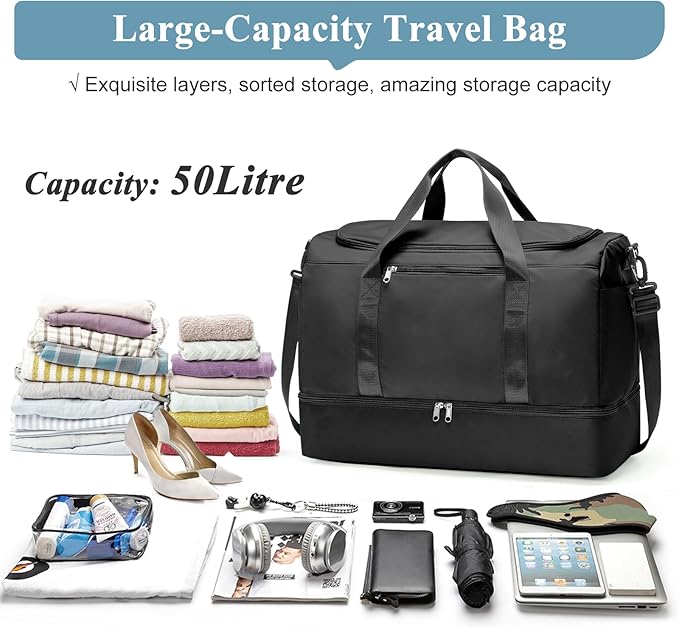 Large Travel Duffle Bag,Carry on Overnight Weekend Bag with Shoes Compartment,Weekender Bags for Women for Travel Business Trips Sport Hospital,Black