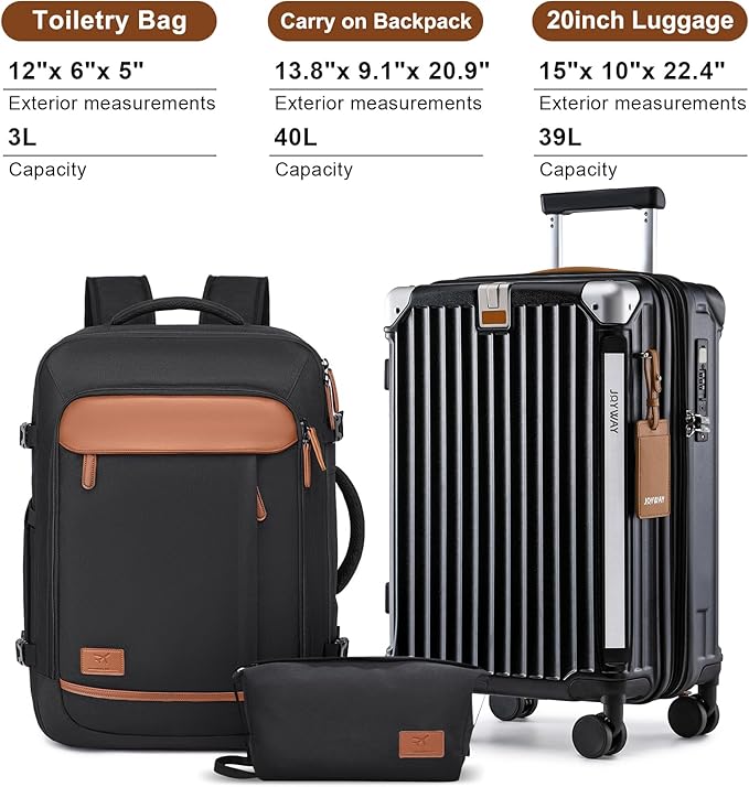Joyway 20in Carry On Luggage with Cup Holder and USB Port, 25% Expandable Capacity, Smart Suitcase with Anti Slip Wheels and Backpack, Perfect for Men and Women 3 Piece Set Black