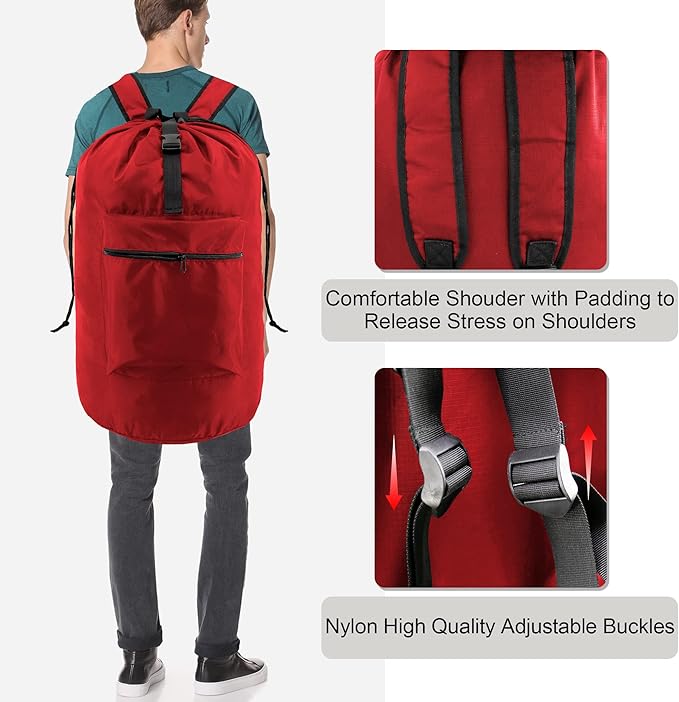BeeGreen Laundry-Bag-Backpack-Extra-Large, Red Nylon Drawstring Portable Laundry Backpack Tall Foldable Heavy Duty Dirty Clothes Travel Bag with Handle College Dorm Apartment Essentials