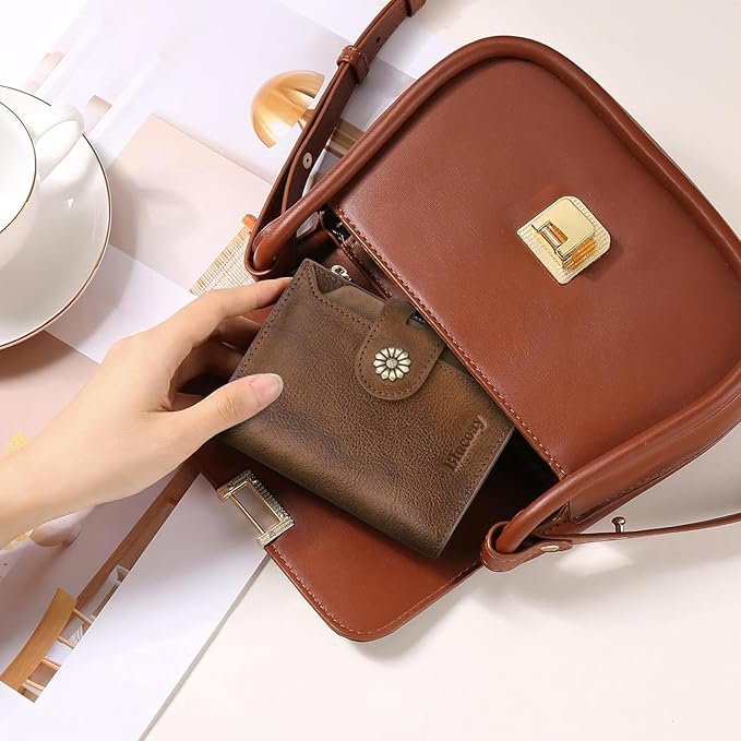 Wallet Women,RFID Blocking Leather Womens Wallet Bifold Compact Card Holder Small Wallet for Women with Removable ID Window Darkbrown