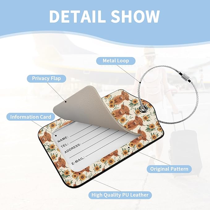 2 Pcs Highland Cow Sunflower Luggage Tag for Suitcases, Cute PU Leather Suitcase Tag Privacy Cover ID Label with Metal Loop, Personalized Baggage Identifier for Cruise Bag Travel Essentials