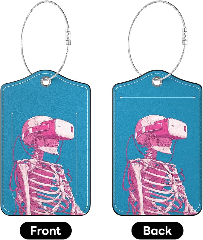 2 Pack PU Leather Luggage Tags for Suitcases, Privacy Protection Cover with Stainless Steel Loop and Address Card, Travel Cruise Essentials (Pink Skull)
