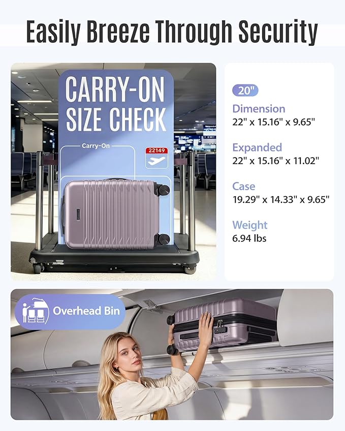LIGHT FLIGHT Expandable Carry On Luggage 22x14x9 Airline Approved with Double Spinner Wheels, 20 Inch Lightweight Hard Shell Rolling Suitcases with TSA Lock, Rose Purple