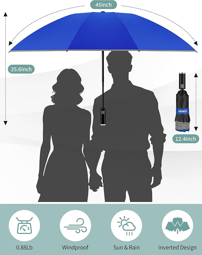 Seniny Inverted Travel Umbrella Compact - Windproof Umbrellas for Rain with Reflective Strip, Large UV Umbrella for Sun Protection, Automatic Portable Umbrellas Fold in Reverse for Car, Backpack