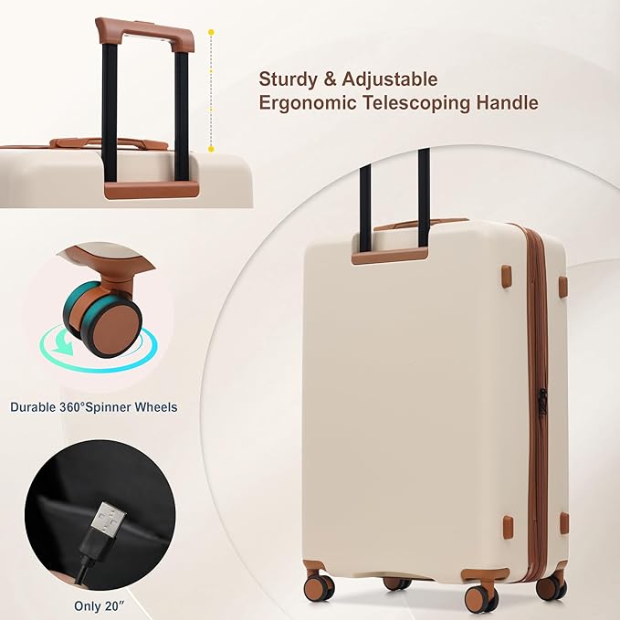 Merax Luggage Sets 5 Piece,Front Open Hardshell Expandable Suitcase with Spinner Wheels and Duffel Bags,Lightweight Carry on Luggage with USB Port,20/24/28IN,White and Brown
