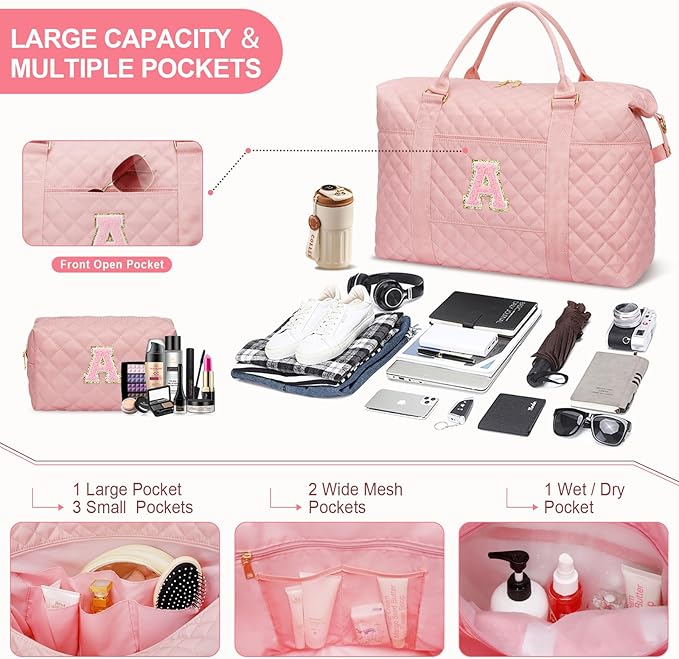 Gifts for Teen Girl, Initial Travel Duffle Bag, Personalized Women Weekender Overnight Bags, Gift for Daughter Kid Mom Friend College Girl Graduation Teacher（Pink,A)