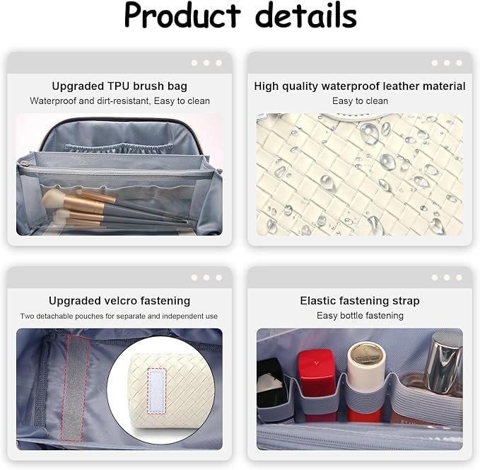 BOYATU Travel Makeup Bag Cosmetic Bags for Women: Large Capacity 3 Pcs Set Make up Bag with Compartments - Waterproof Vegan Leather Toiletry Organizer Bags with Handle (L09 Beige)