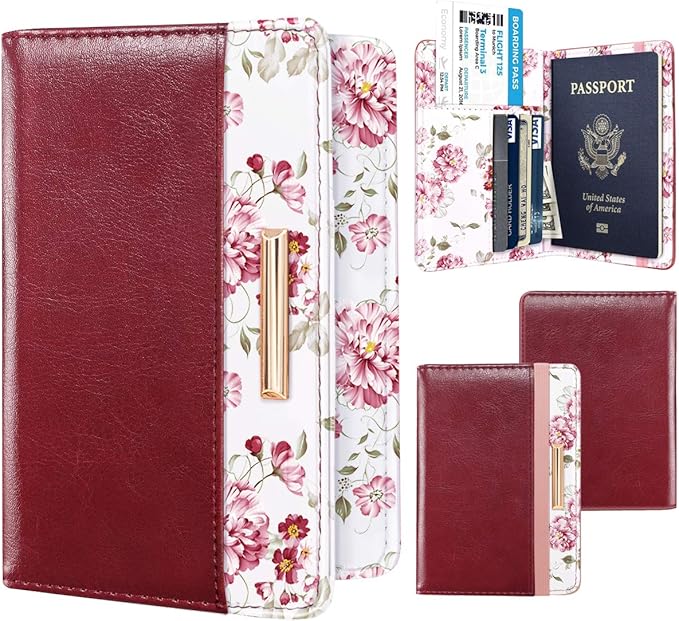 Passport Holder Cover Travel Wallet RFID Blocking Cute Flowers Passport Wallet with Elastic Band for Women,Red