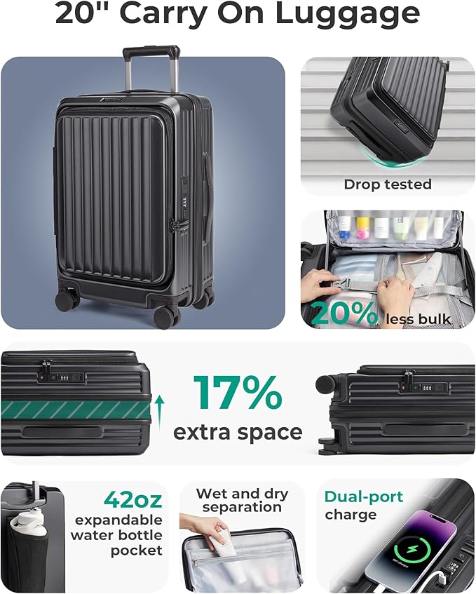 BAGSMART Top Opening Carry On Luggage 22x14x9 Airline Approved with TSA Lock, Expandable 20 Inch Deep Compartment Hard Shell Suitcases with Double Spinner Wheels, Black