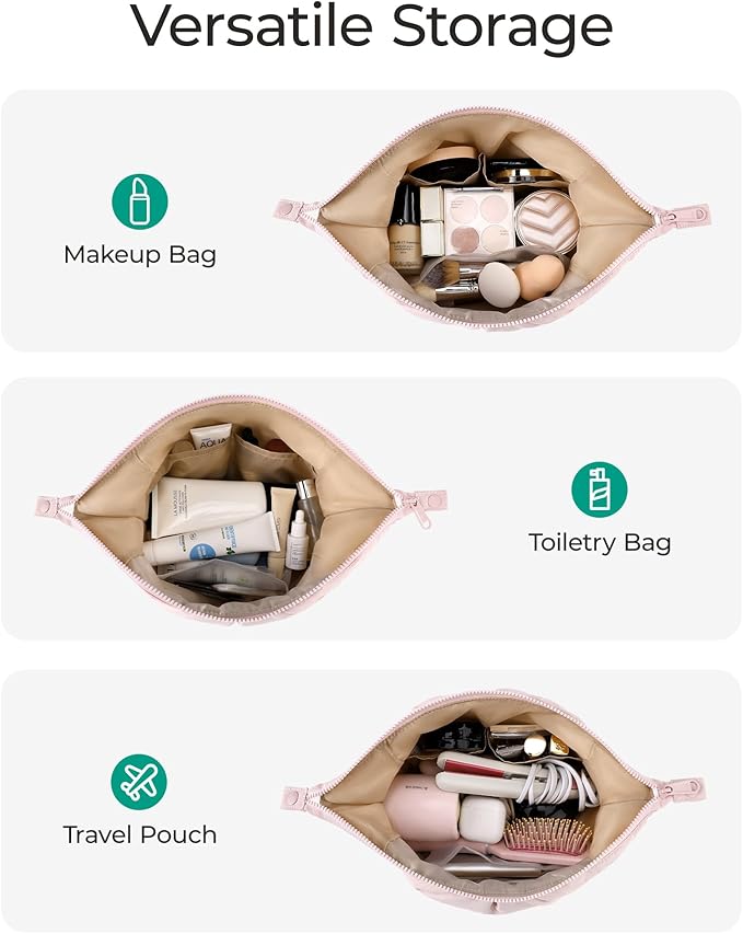 BAGSMART Makeup Bag Travel Makeup Bag, Cute Make Up Bag, Large Capacity Cosmetic Bags for Women, Wide-open Makeup Pouch Travel Essentials Toiletries Accessories Brushes (Black)