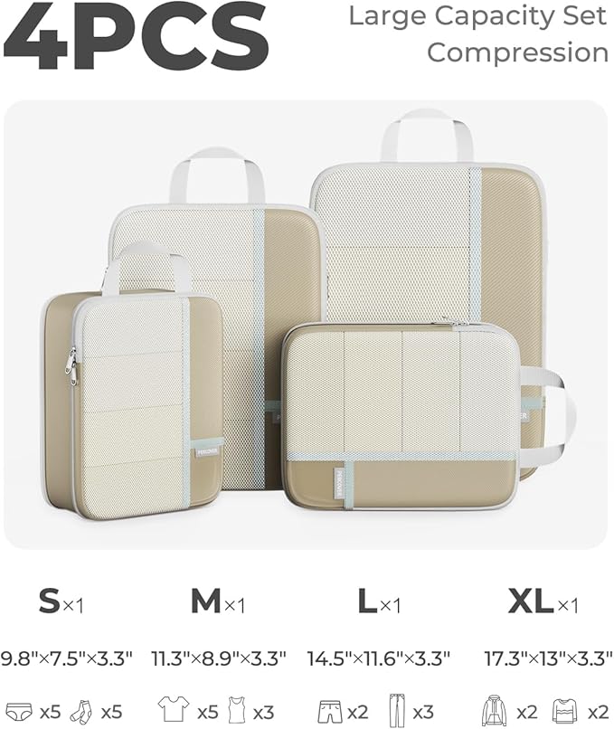 Percover Compression Packing Cubes 4-Piece Set, Packing Cubes Compression for Travel with Label Pockets, Travel Organizer for Carry On & Checked Luggage, Camel