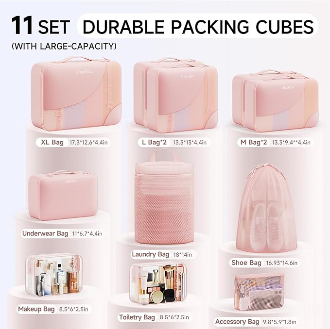 11 Set Packing Cubes for Travel, Gifts for Women Mom Kids, TSA Approved Bags for Makeup, Cosmetic, Toiletry, Suitcase Organizers for Checked Luggage, Cruise Essentials, Airplane Accessories, Pink