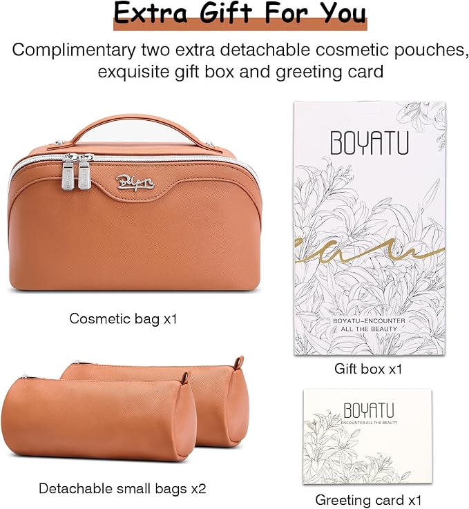 BOYATU Travel Makeup Bag Organizer Cosmetic Bag: 3 Pcs Set Make up Bags for Women with Handle - Waterproof Vegan Leather Toiletry Bags Travel Essentials Pouch with Compartments (C-02-Brown)