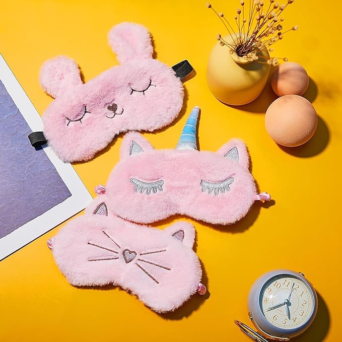 Geyoga Sleep Mask for Kids, Girls Plush Sleeping Eye Cover Soft Eye Blindfold Cover Animal Shade for Kids(Pink,Bunny, Cat and Unicorn Style)