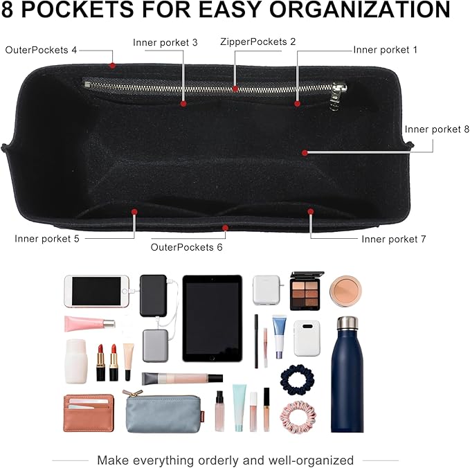 Doxo Backpack Organizer Insert for Longchamp Le Pliage L Backpack | Felt Material with 8 Compartments & YKK Zipper Pocket | Custom-Fit Longchamp Backpack Insert (LB, Black)