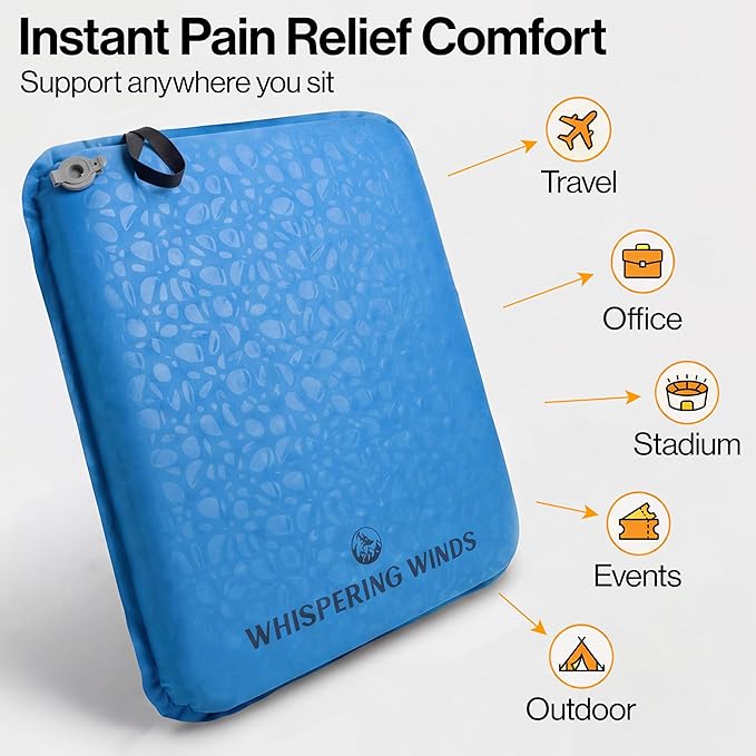 Whispering Winds Inflatable Seat Cushion - Comfortable Blow-up Foam Pad for Airplane, Travel, Stadium, Outdoors, Camping, Car & More