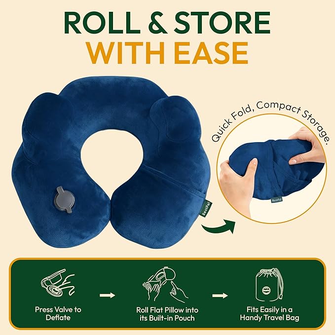 Inflatable Travel Neck Pillow with Adjustable Memory Foam Sides | Lightweight, Soft & Portable Support (Navy Blue, Standard)