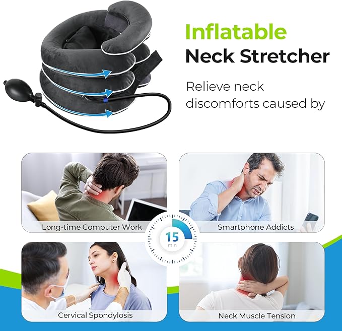 AUVON Inflatable Neck Stretcher for Cervical Traction, Cervical Stretcher with 3-Layer Design in Varying Sizes for Instant Relief, Neck Brace Pillow for Neck Support, Decompression Home Use, L Size