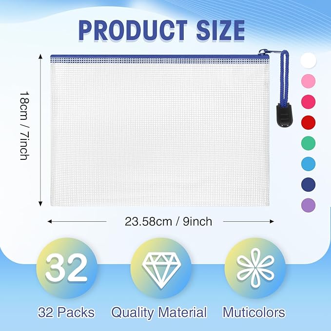 Jetec 32 Pcs Mesh Zipper Bags Toy Storage Bikini Organizer Bag Bolsas Para Guardar Trajes De Bano Waterproof Zipper Reusable Pouch Puzzle Multipurpose for Storage Office(Classic Color,9 x 7 Inch)