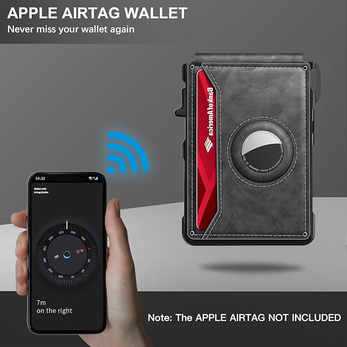 KIKVES Airtag Wallet for Men, Mens Smart Wallet for Air Tag RFID Blocking, Minimalist Bifold Pop Up Aluminum Credit Card Case Holder 12+ Cards with ID Window, Gift for Men, No Airtag Included, Gray