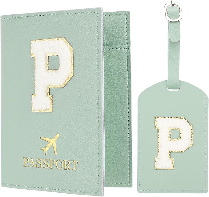PATIKIL Passport Holder for Travel, Initial Passport Cover and Luggage Tag Set with Alphabet Chenille Letter Patch Travel Wallet Bag Suitcase Identifier for Women Family Travel Green P
