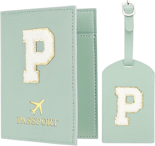 PATIKIL Passport Holder for Travel, Initial Passport Cover and Luggage Tag Set with Alphabet Chenille Letter Patch Travel Wallet Bag Suitcase Identifier for Women Family Travel Green P