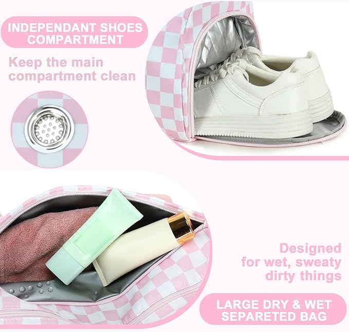LEDAOU Duffle Bag Girls Kids Cute Dance Bag with Shoes Compartment Gym Bag with Wet Pocket Sports Overnight Travel Bag (Pink Checkered)