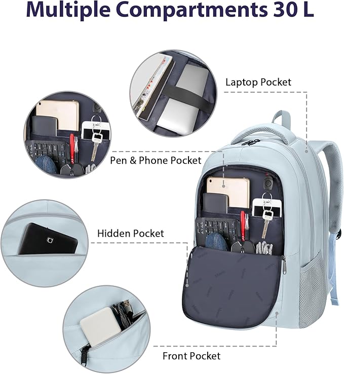 MATEIN Laptop Backpack 17 Inch, Womens Large Work Commute Backpack with Front Pocket, Water Resistant Anti Theft Computer Bag for Students, Travel Daypack with Luggage Strap, Haze Blue