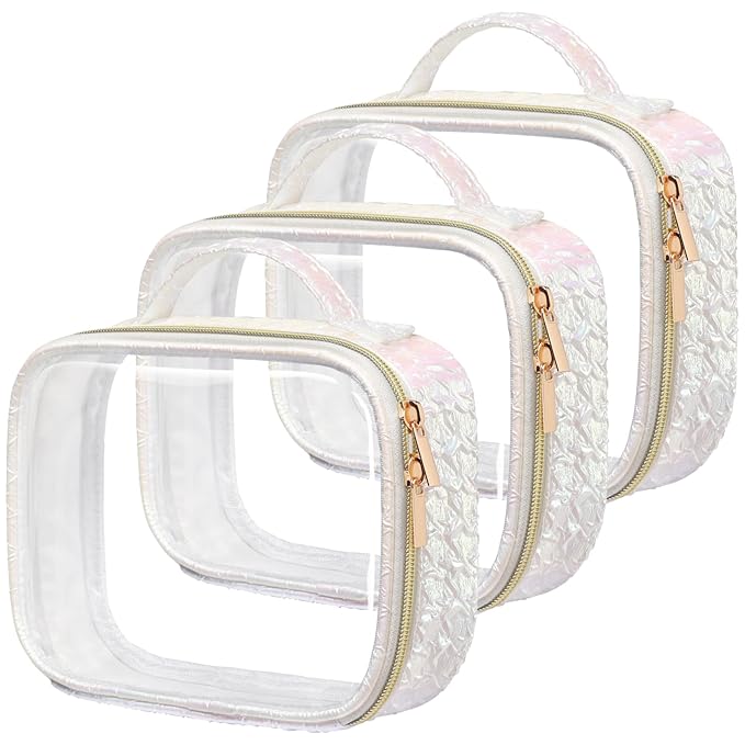 PACKISM TSA Approved Toiletry Bag 3 Medium, 3-1-1 Compliant Clear Makeup Bag with Handle, Quart Size Toiletry Bags Fit Carrv-on Travel Essentials, Water Resistant PVC, Ruched Colorful White