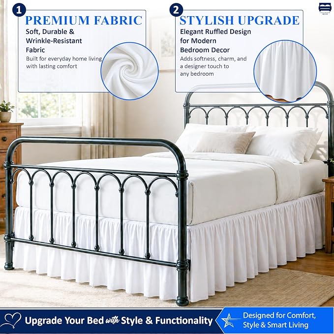 Cottingon Ruffled Bed Skirt with Split Corners-Dust Ruffle - 14" Drop 100% Microfiber Soft,Sheen & Luxurious Look - Bed Skirts (White -Full)