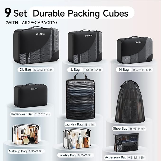 11 Set / 9 Set Packing Cubes for Travel,Gifts for Women Mom Kids,TSA Approved Bags for Makeup, Cosmetic, Toiletry, Organizers for Suitcase Carry On, Cruise Essentials Airplane Accessories, Black