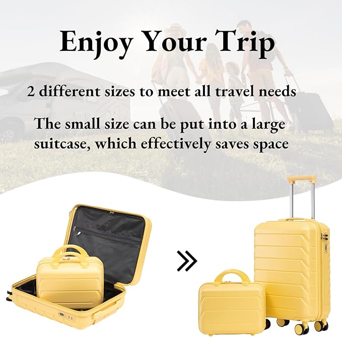 2-Piece ABS Hard Shell Lightweight Carry-On Luggage Set (14" & 20"), 360-Degree Spinner Wheels, Adjustable Telescopic Handle and Combination Lock for Travel, Yellow