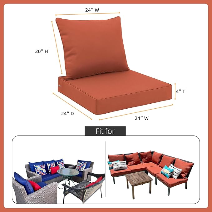 Favoyard Outdoor Seat Cushion Set 24 x 24 Inch Waterproof & Fade Resistant Patio Furniture Cushions with Removable Cover Deep Seat & Back Cushion with Tie Straps for Chair Sofa Couch