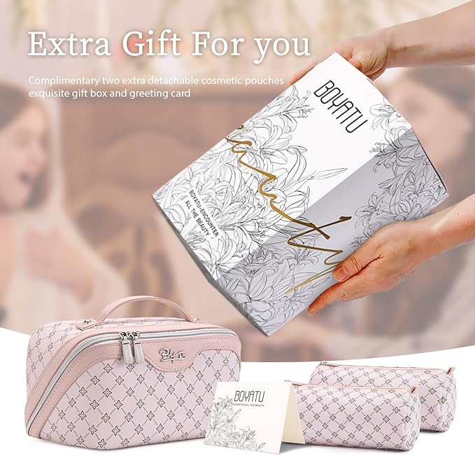 BOYATU Travel Makeup Bag Cosmetic Bags for Women: 3 Pcs Set Large Capacity Make up Bag with Handle - Vegan Leather Toiletry Bags with Compartments - Makeup Organizer for Travel Essentials(A-3-Pink)