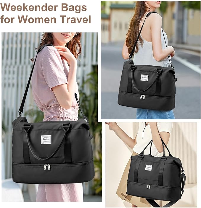 Weekender Bags for Women, Travel Duffel Bags with Shoe Compartment,Personal Item Travel Bag for Airlines, Carry on Overnight Tote Bag for Women with Toiletry Bag, Black