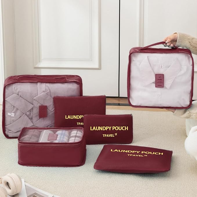 6 Set Packing Cubes for Travel Luggage Packing Bags Reusable Waterproof Suitcase Organizer Bags Set with Shoe Bag and Toiletry Bag (Wine Red)