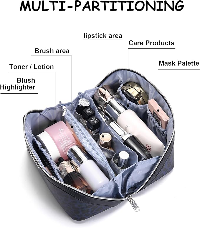 BOYATU Travel Makeup Bags Cosmetic Organizer Bag: 3 Pcs Set Large Capacity Make up Bag with Compartments - Waterproof Leather Toiletry Bags with Handle for Women (B-Blue)