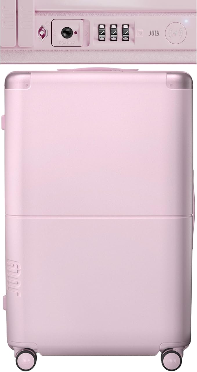 Checked Plus with CaseSafe - 28.75" Trackable TSA Lock Airline Approved Check In Luggage with Wheels, Rolling Suitcase for Men & Women - Silent Spinner Wheels, Y-Strap - Blush Pink