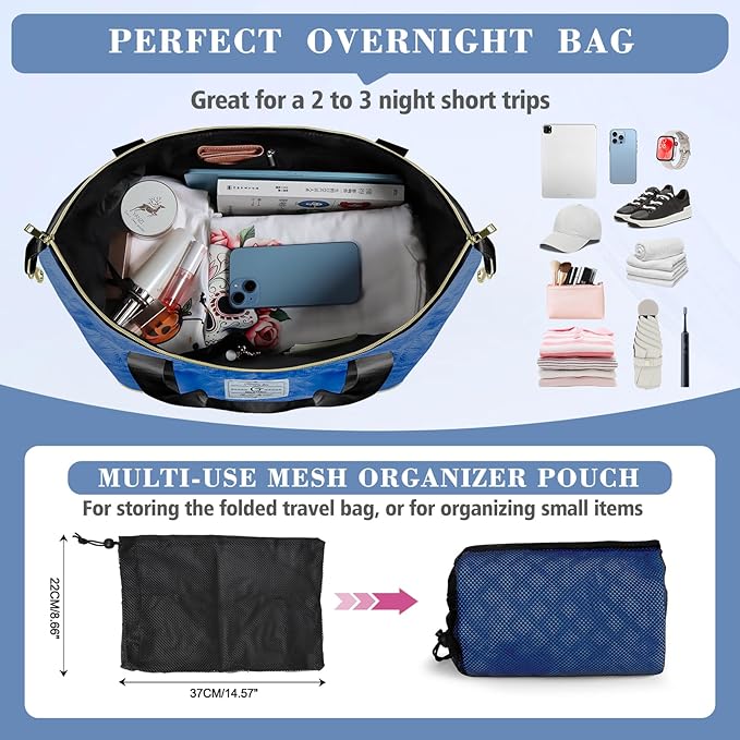 Geestock Travel Duffel Bag, Weekender Bags for Women, Carry on Overnight Bag with Shoe Compartment & Trolley Sleeve, Personal Item Travel Bags with Storage Pouch for Travel, Yoga, Gym, Hospital, Blue