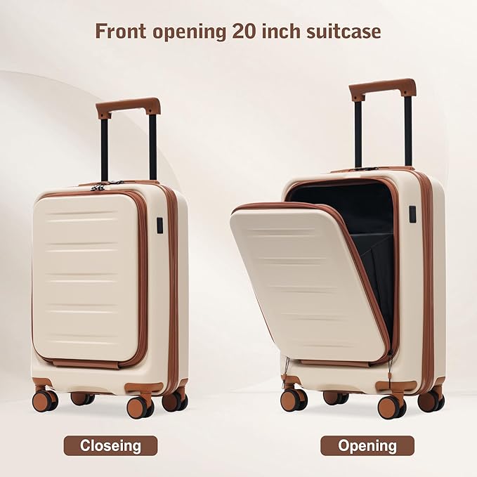 Merax Luggage Sets 5 Piece,Front Open Hardshell Expandable Suitcase with Spinner Wheels and Duffel Bags,Lightweight Carry on Luggage with USB Port,20/24/28IN,White and Brown
