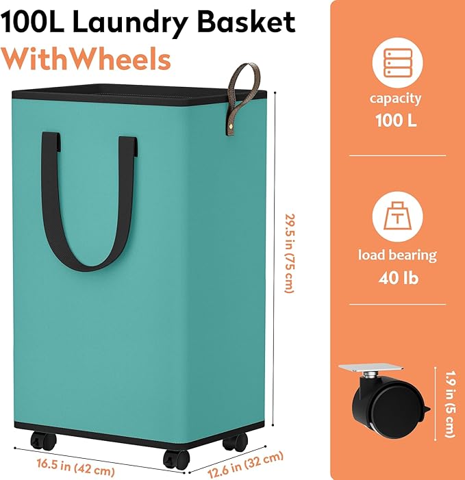 Laundry Basket with Wheels, Collapsible Laundry Baskets, Laundry Hamper with Handles Detachable Wheels, Rolling Laundry Basket, Dirty Clothes Hamper for Bathroom, Dorm, Bedroom, Green, 100L