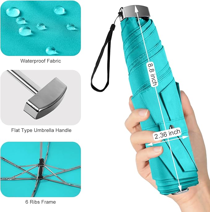 Lejorain Travel Mini Umbrella for Purse - Black Compact Durable Cool Teflon Light Weight Flat Backpacking Umbrella Portable Paraguas