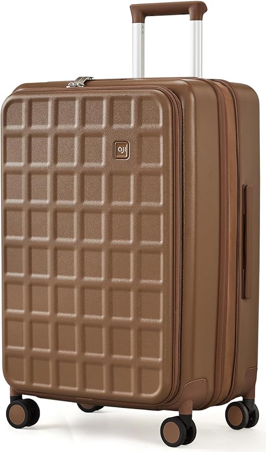 aji Expandable Top Opening 28 Inch Checked Luggage with Spinner Wheels, Large Suitcase with TSA Lock, Hard Shell Travel luggage Suitcases for Men Women, for 25+Days Travel, Chocolate Brown