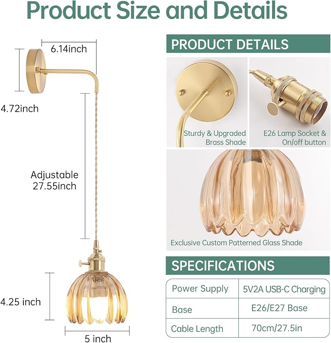 Shenmoyl Battery Operated Wall Sconce with Amber Tulip Shade Pattern Glass Adjustable Chain Retro Gold Wall Mounted Light, Modern Wall Decor for Bedside Bedroom Indoor Doorway， Set of 2