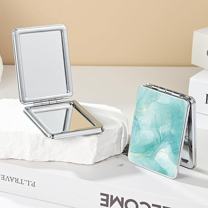 Pocket Mirror, Small Travel Mirror with Magnification, Portable Double-Sided Magnifying Cosmetic Mirror for Daily (Beautiful Marble)