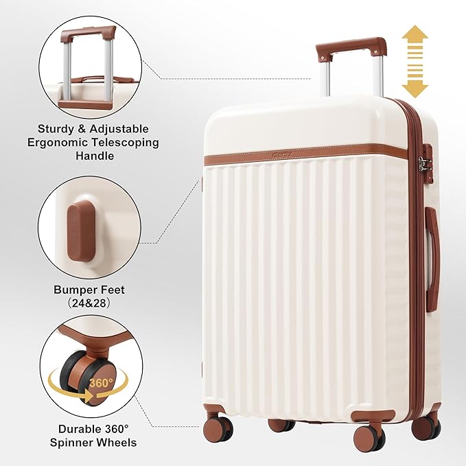 Merax Luggage Sets, Durable Hardshell 3 Piece Suitcase with Double Spinner Wheels and Handle Bags,Lightweight Carry on Luggage with TSA Lock,20+24+28 inches,White and Brown