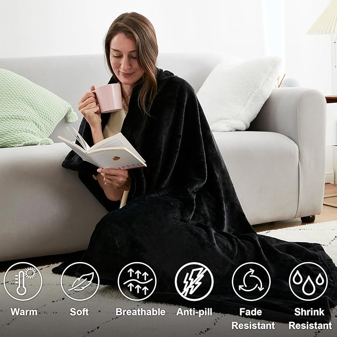 Hansleep Fleece Black Twin Blanket, Super Soft Flannel Fuzzy Plush Cozy Blanket for All Seasons, Black, Twin 60x80 Inches