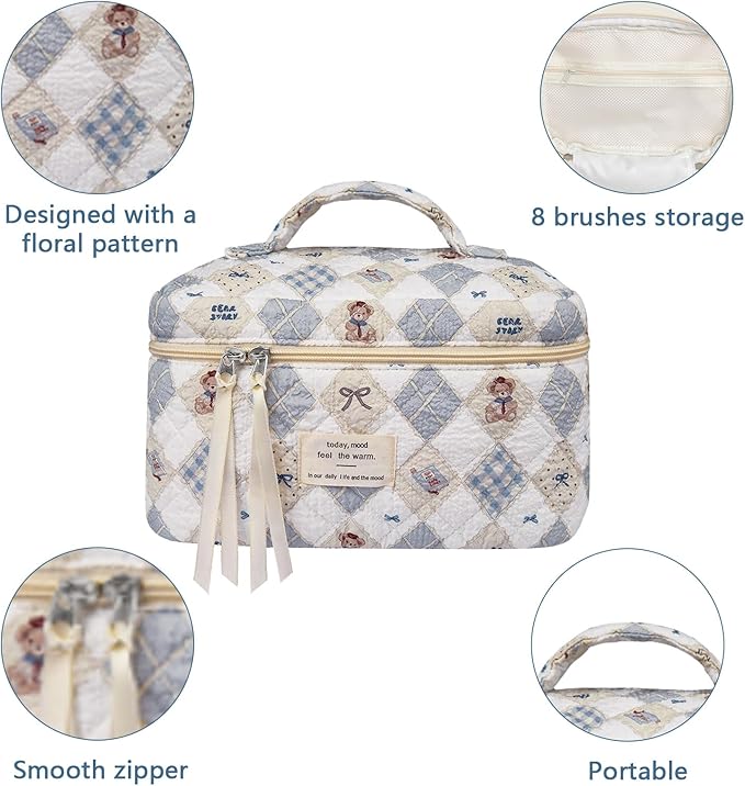 Large Makeup Bag, Cute Cosmetic Bag for Women Girls, Floral Coquette Aesthetic Toiletry Bag, Travel Make Up Organizer Bag (Check Bear)