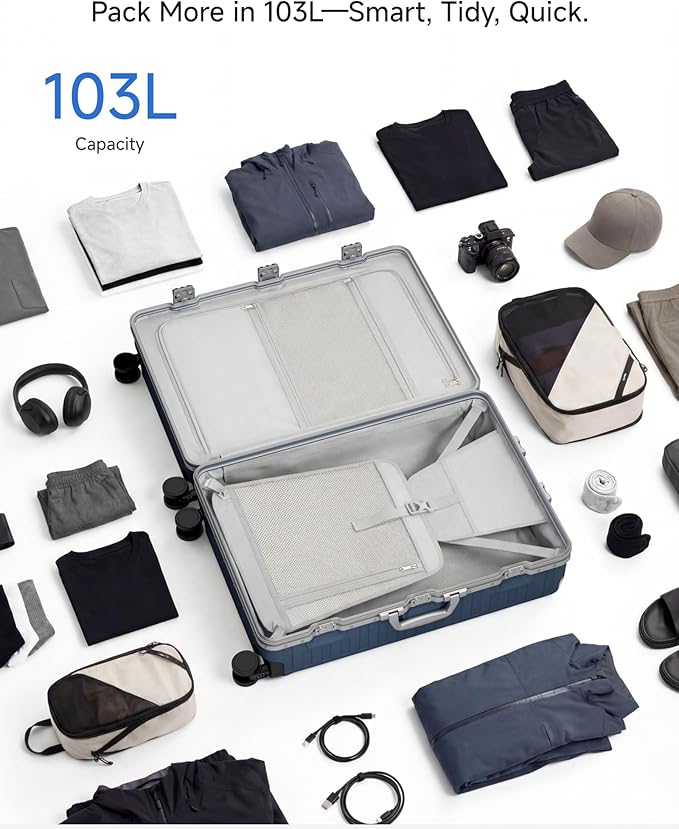 Luggage Sets with Spinner Wheels, 8010S Aluminum Frame Zipperless Polycarbonate Hard Shell Suitcase Sets (ZX-Core, Blue, 2 Piece (20/28))