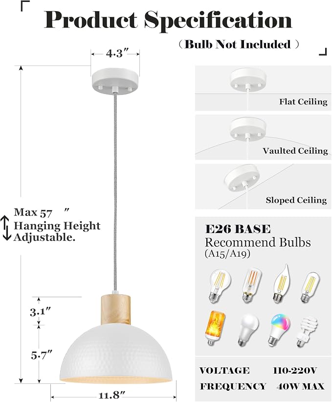 ELYONA 12" Hammered Pendant Light, Metal Dome Hanging Lamp Modern Solid Wood Pendant Light Fixtures for Kitchen Island, Farmhouse, Dining Room, Sink, Bedroom, Hallway, Japandi White